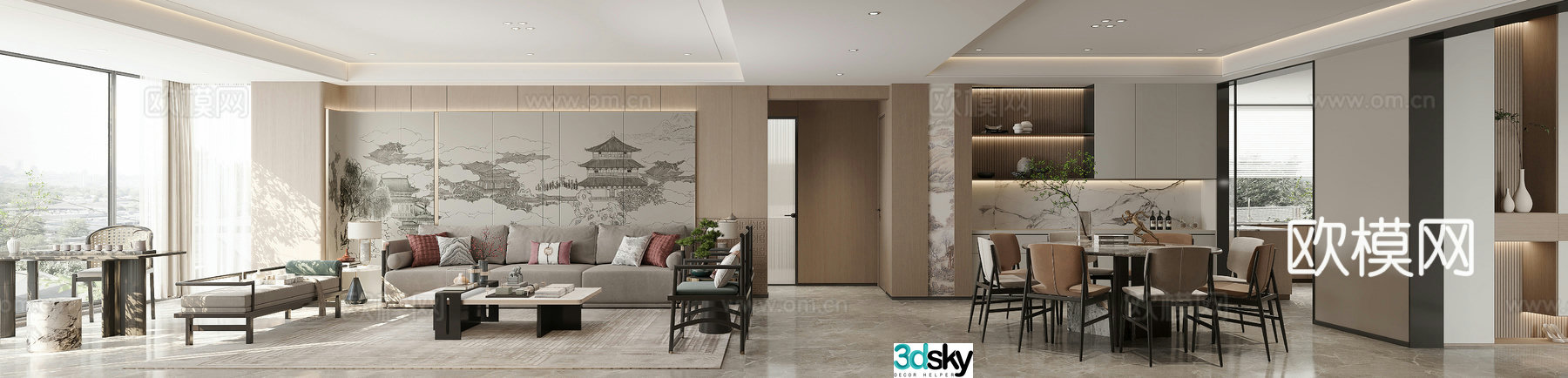 New Chinese style living and dining room 3D model