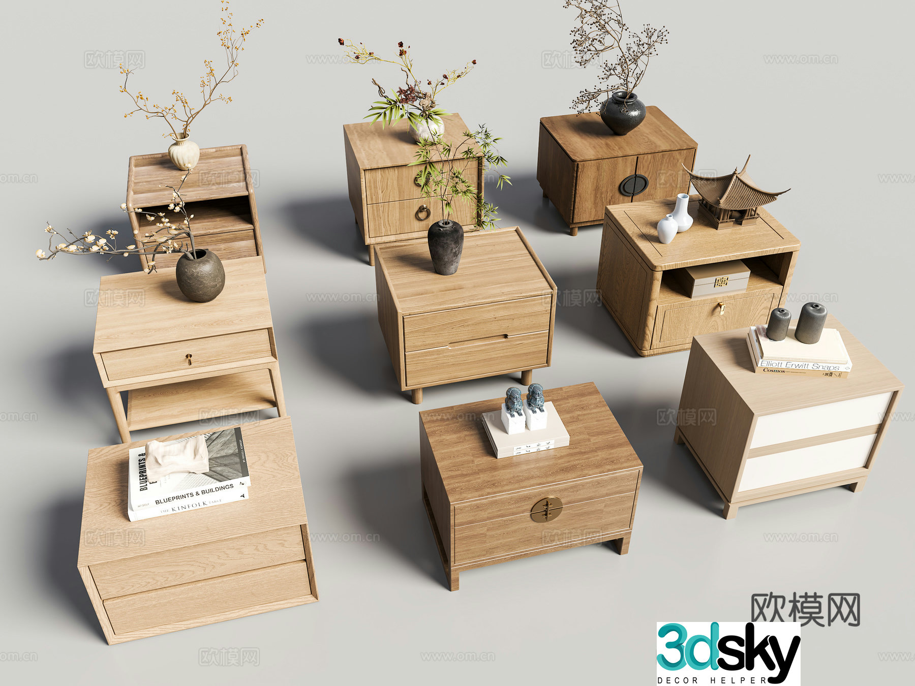 Chinese bedside table combination New Chinese bedside table combination Wasabi Medium-old bedside table bedside table 3D model