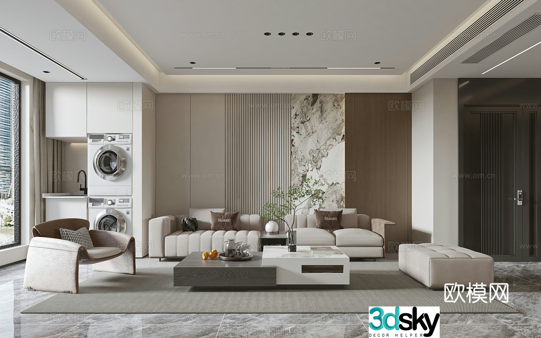 Modern living and dining room modern sofa and coffee table combination modern background wall 3d model