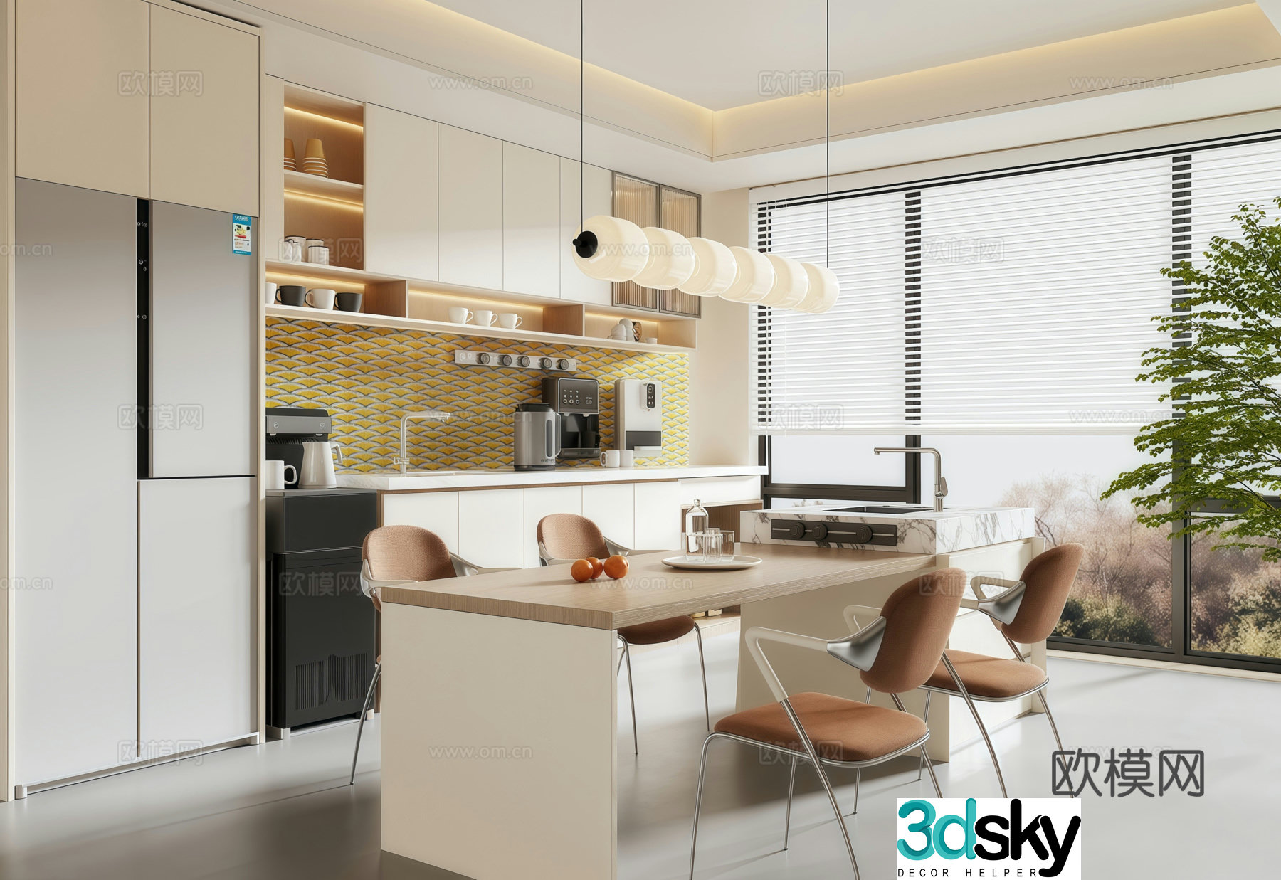 Modern creamy restaurant Island restaurant Refrigerator sideboard chandelier 3d model