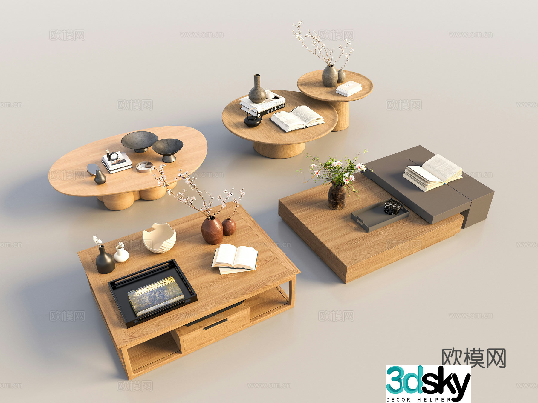 Chinese coffee table combination New Chinese coffee table combination Wavia medieval tea table solid wood coffee table coffee table 3D model