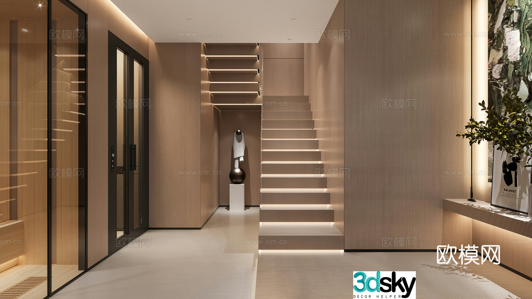 3D model of stairwell in the entrance hall