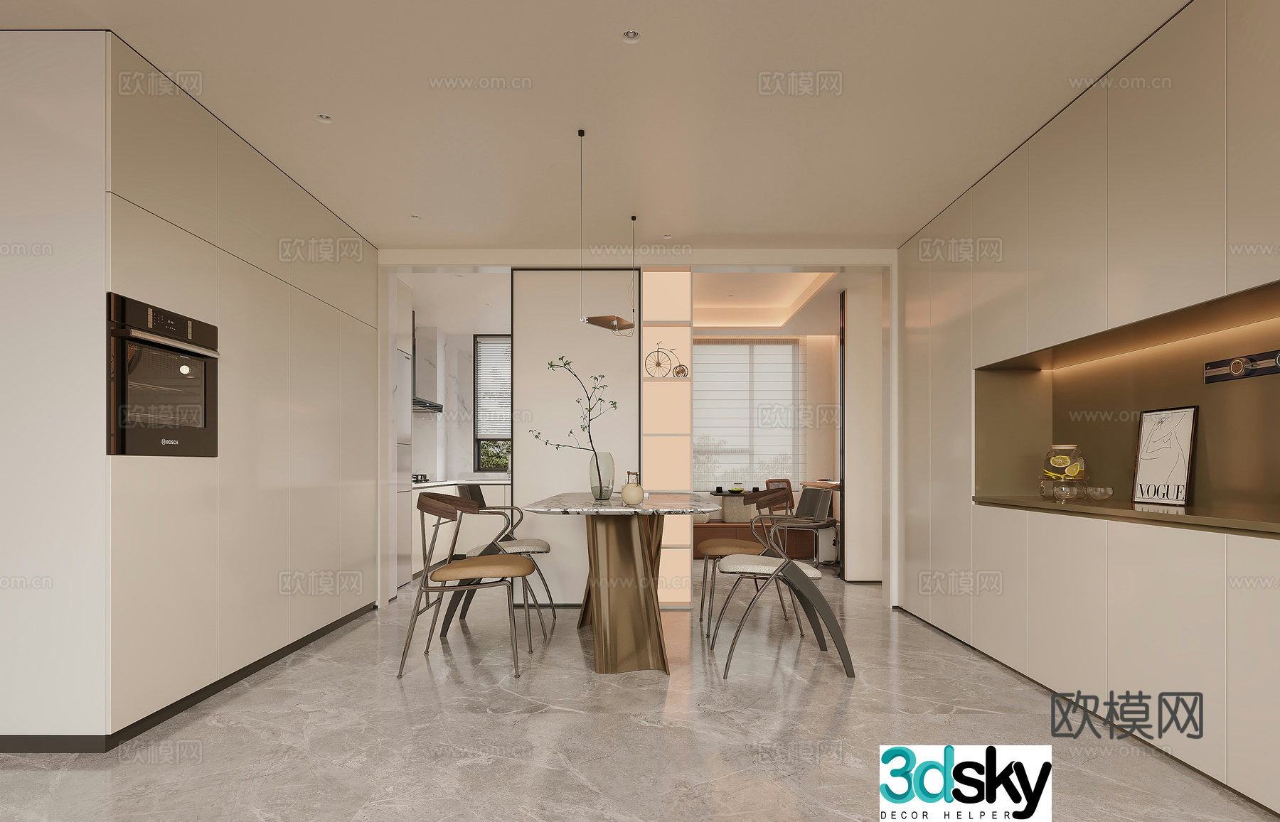 Modern living and dining room 3d model