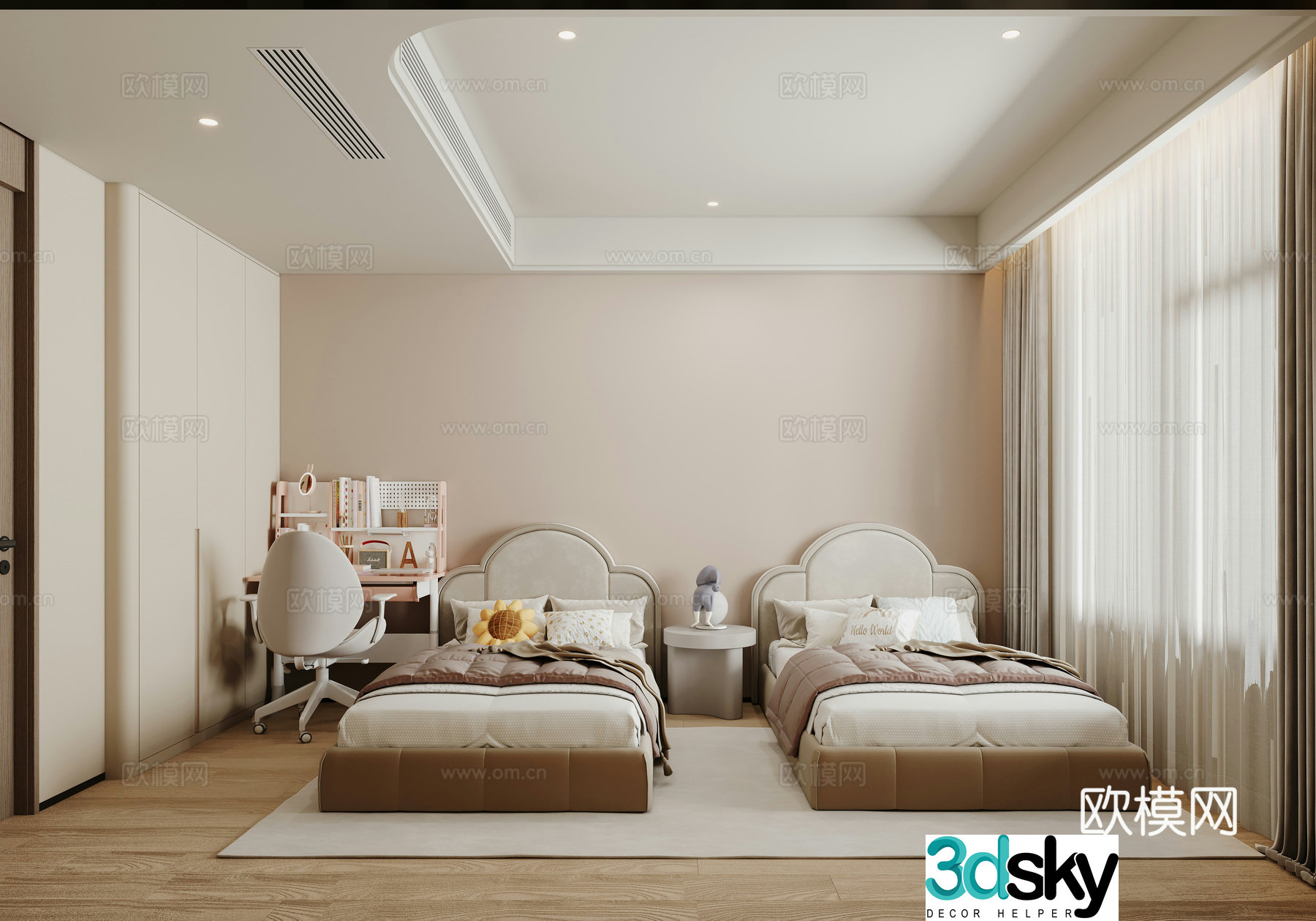 Modern twin children’s room Children’s room Desk and chair Children’s bed 3d model