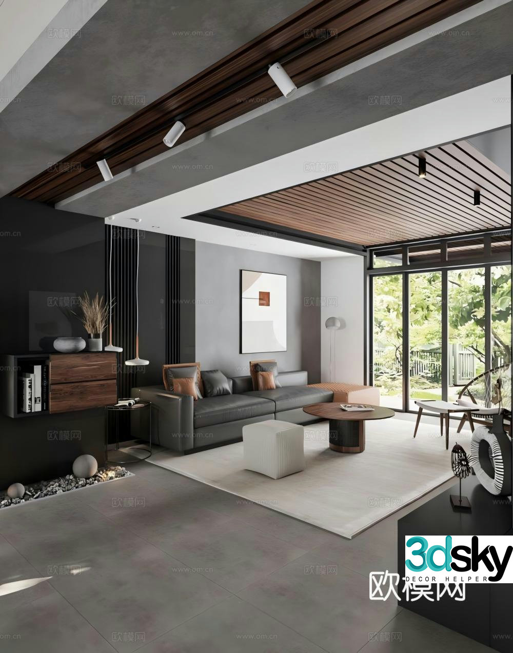 Modern high-end gray living room black and white gray living room open kitchen simple living room 3D model
