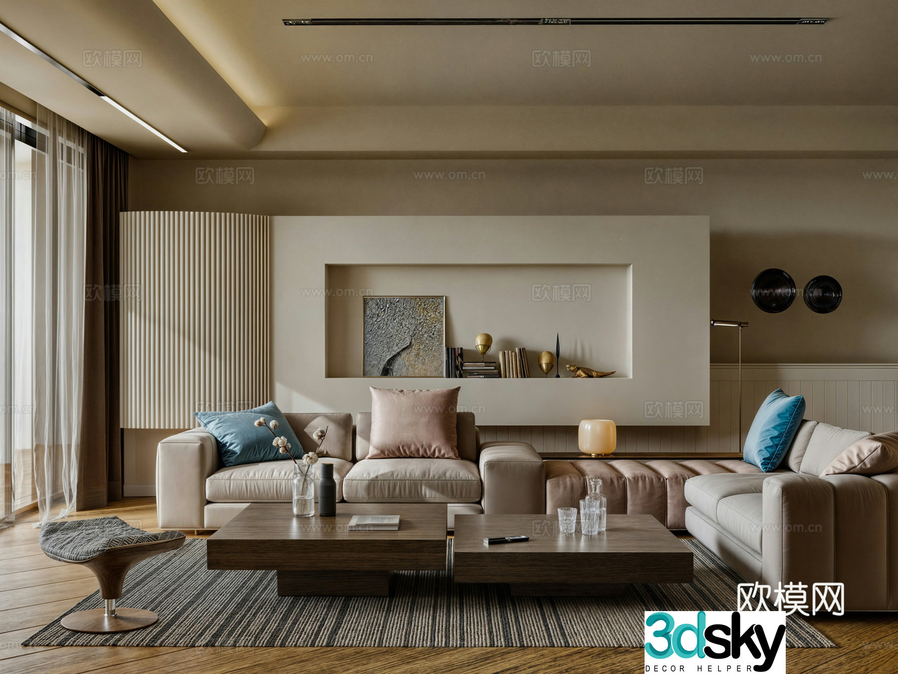 Modern living room ownerless lights creamy living room 3d model