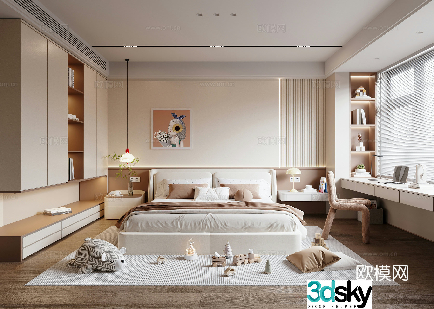 Modern creamy children’s room girls room double bed wardrobe 3d model