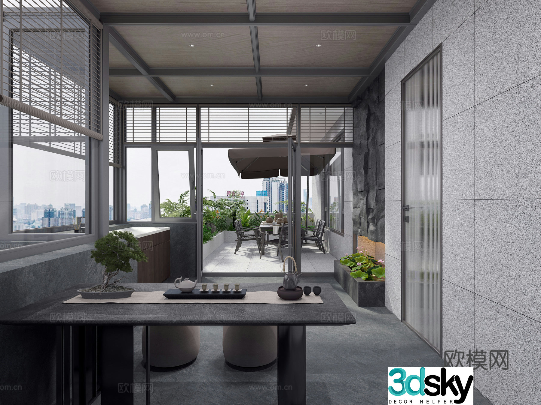 Modern terrace Villa garden balcony Yuchi landscaping Tea table tea room Sunroom leisure balcony 3D model