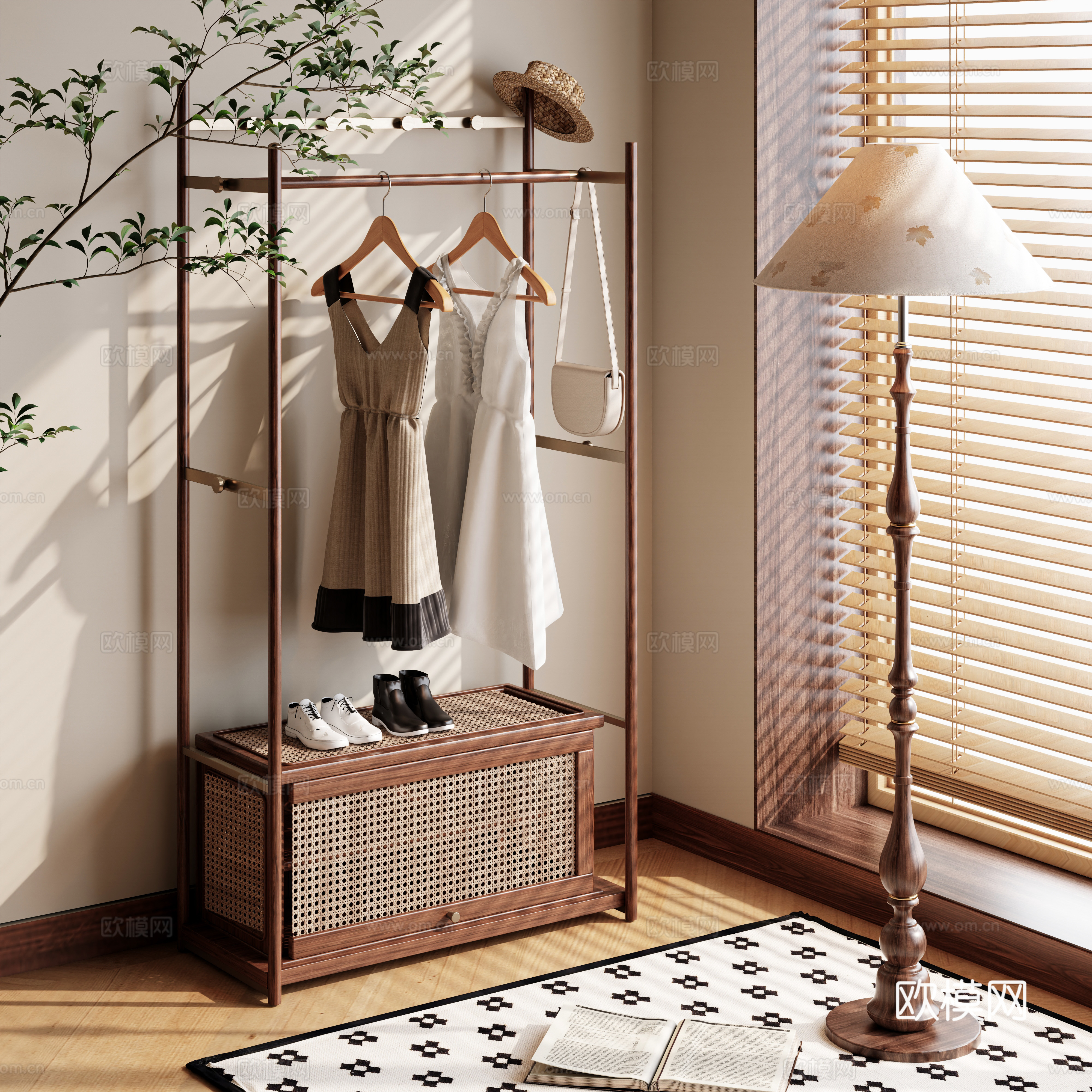 Clothes hanger floor-standing clothes hanger retro cream clothes hanger cabinet clothes hanger 3d model