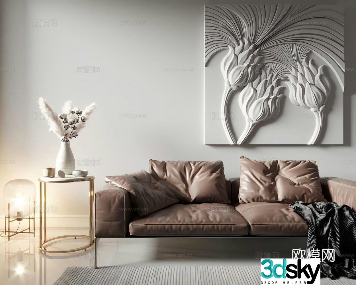 Foreign realistic scenes leather sofa metal coffee table glass table lamp wall decoration 3D model