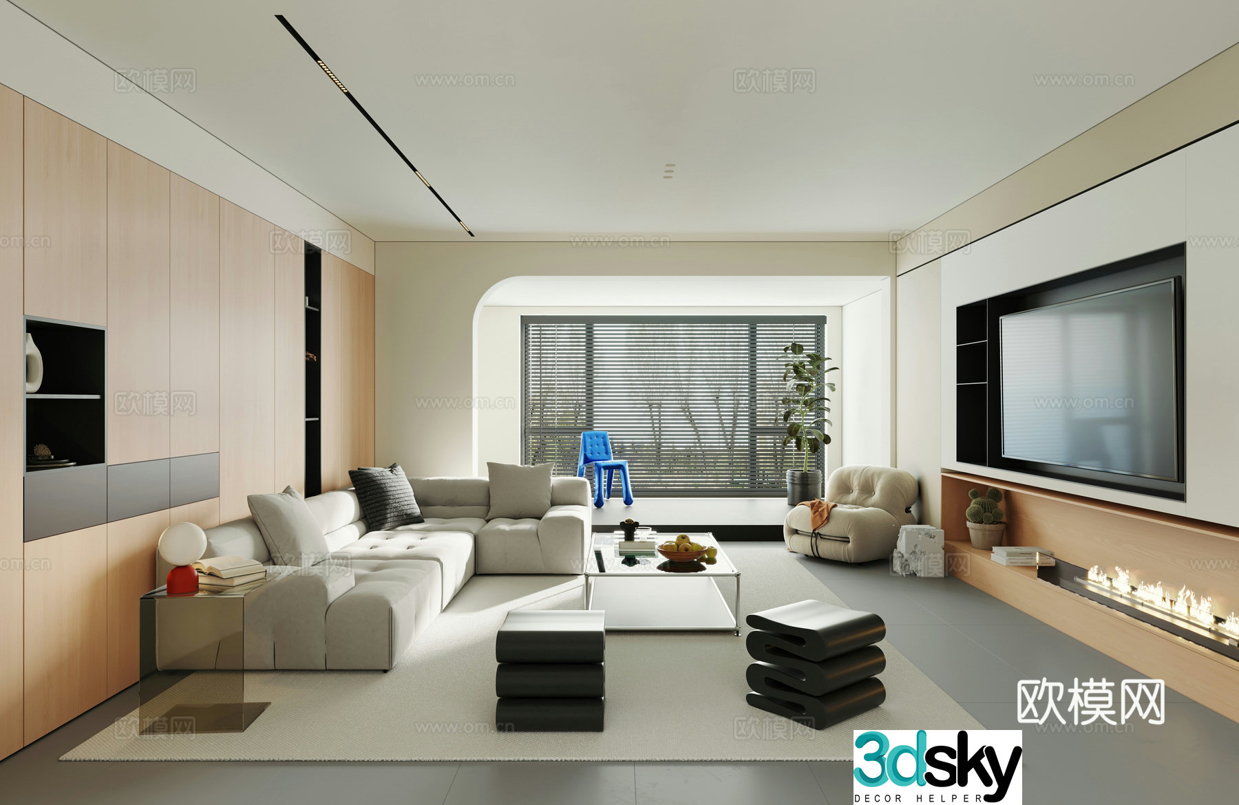 Modern retro style living room horizontal hall large flat 3D model