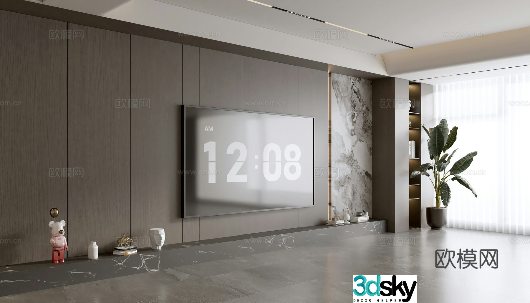 Modern Italian living room wooden veneer TV background wall full wall marble background wall 3d model