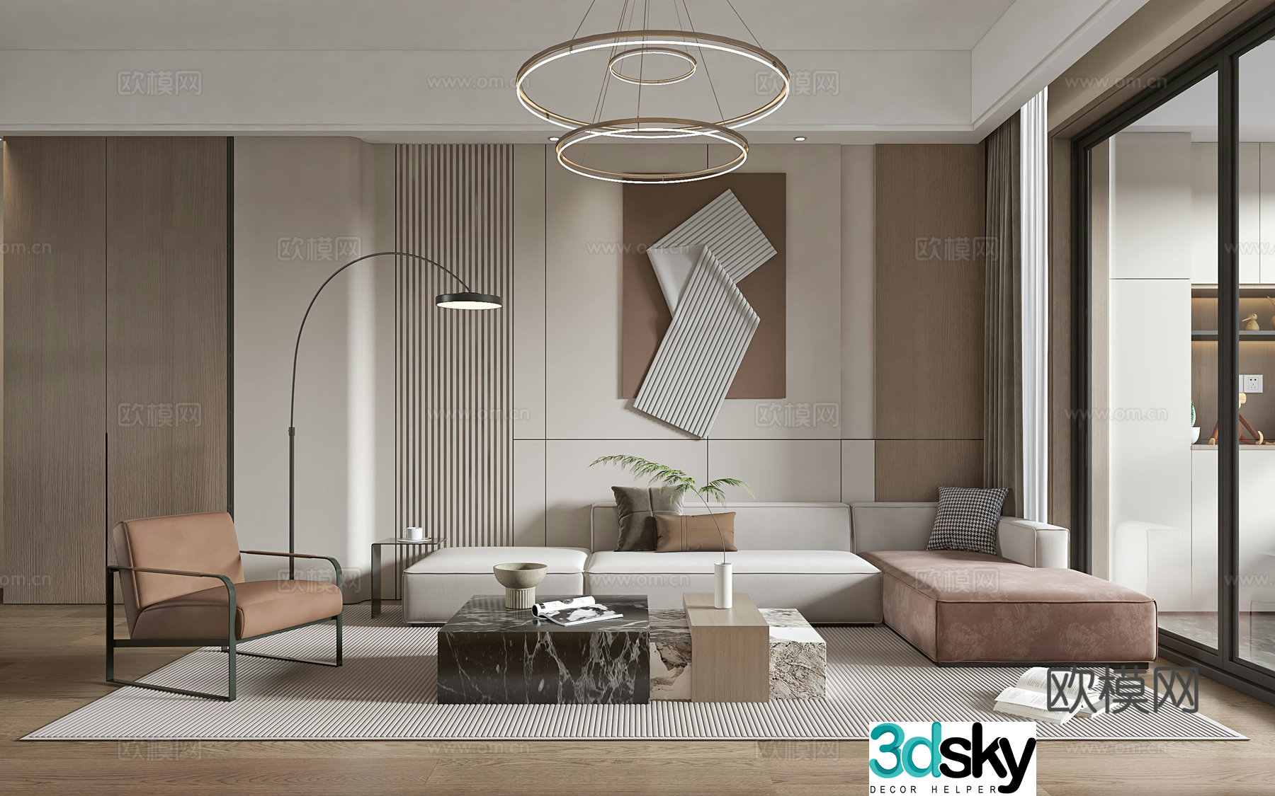 Modern living and dining room modern sofa and coffee table combination modern background wall 3d model