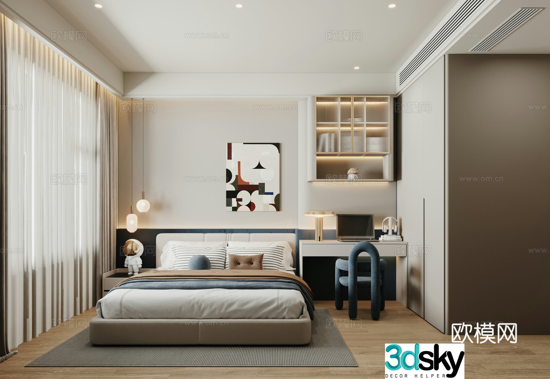 Modern children’s room double bed desk chair chandeliers 3d model