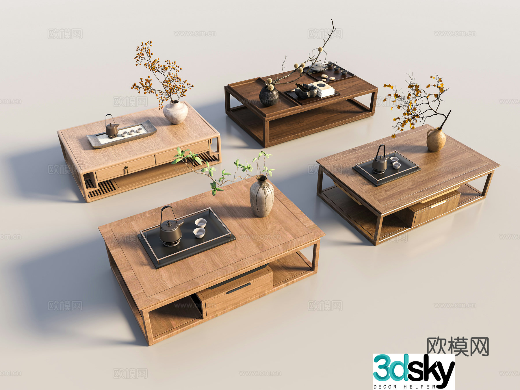 Chinese coffee table combination New Chinese coffee table combination Wavia medieval tea table solid wood coffee table coffee table 3D model