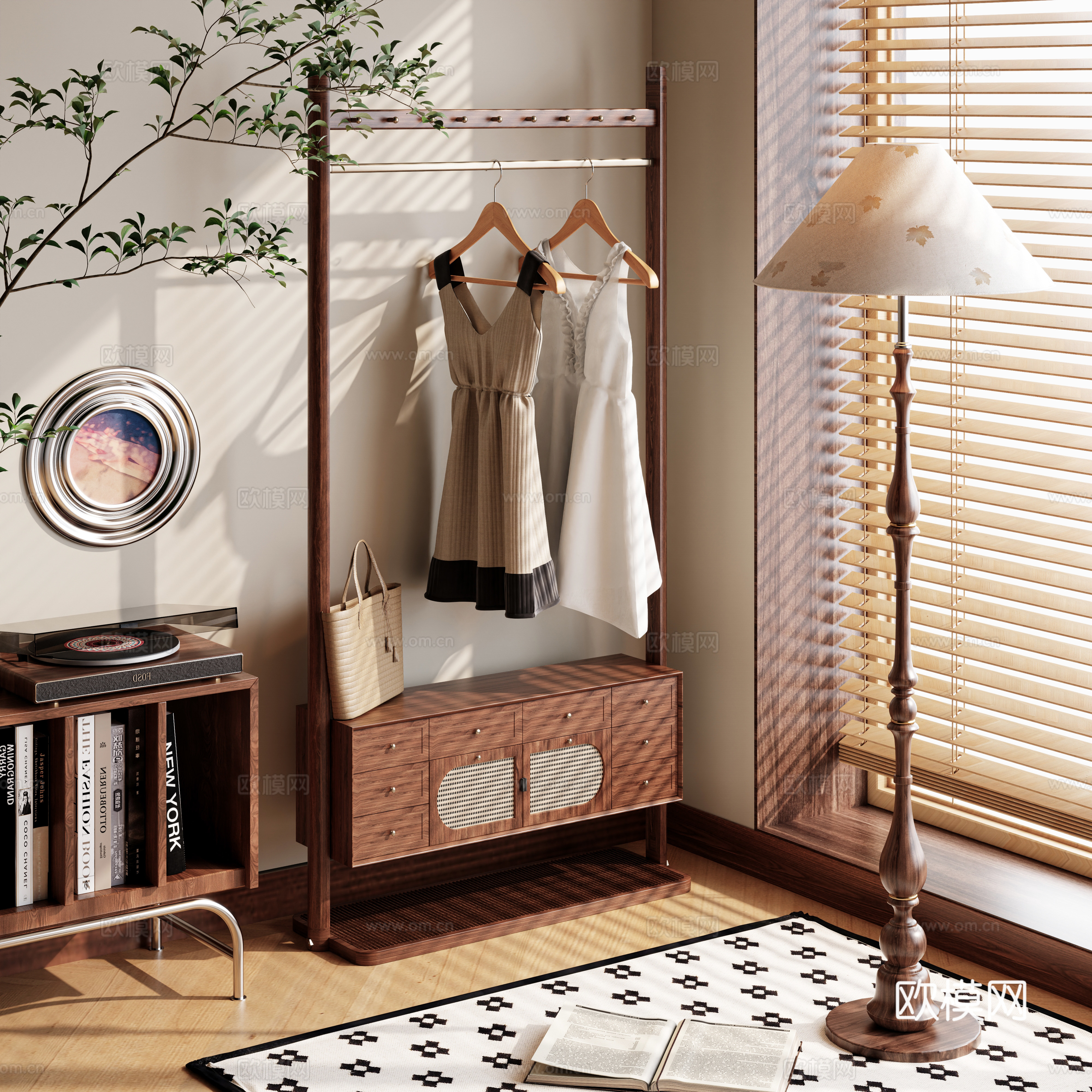 Clothes hanger floor-standing clothes hanger retro cream clothes hanger cabinet clothes hanger 3d model