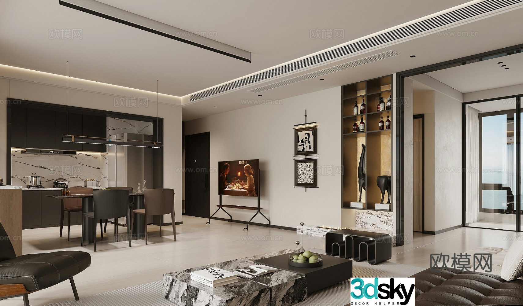 Modern living and dining room 3d model