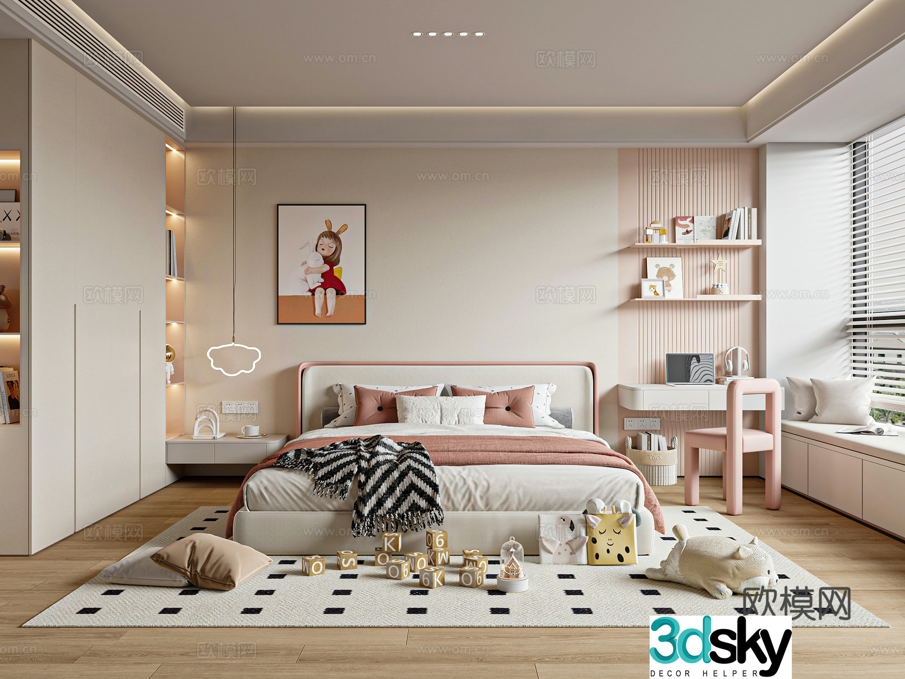 Modern creamy children’s room girls room double bed wardrobe 3d model