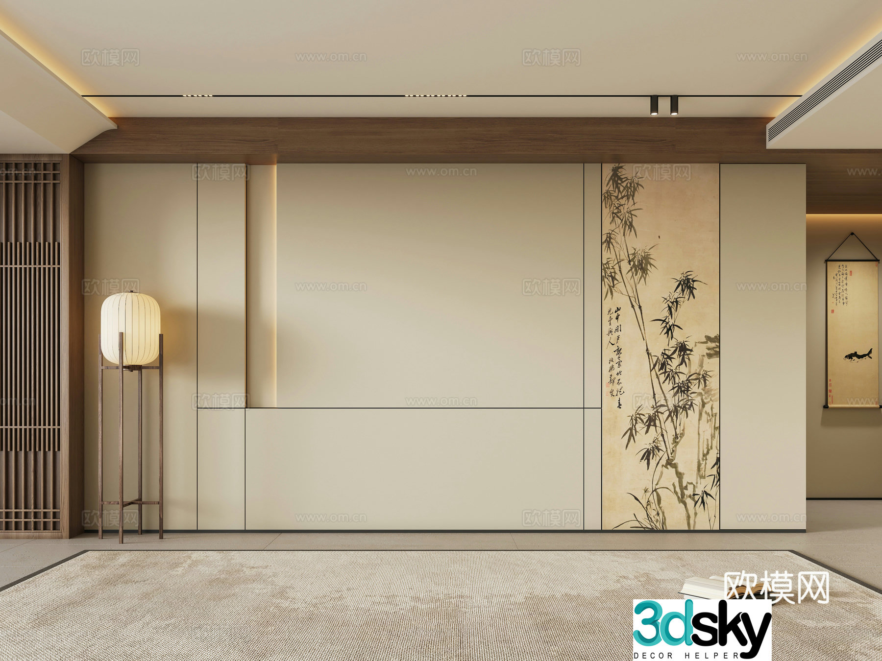 Zen new Chinese style living room sofa background wall 3d model