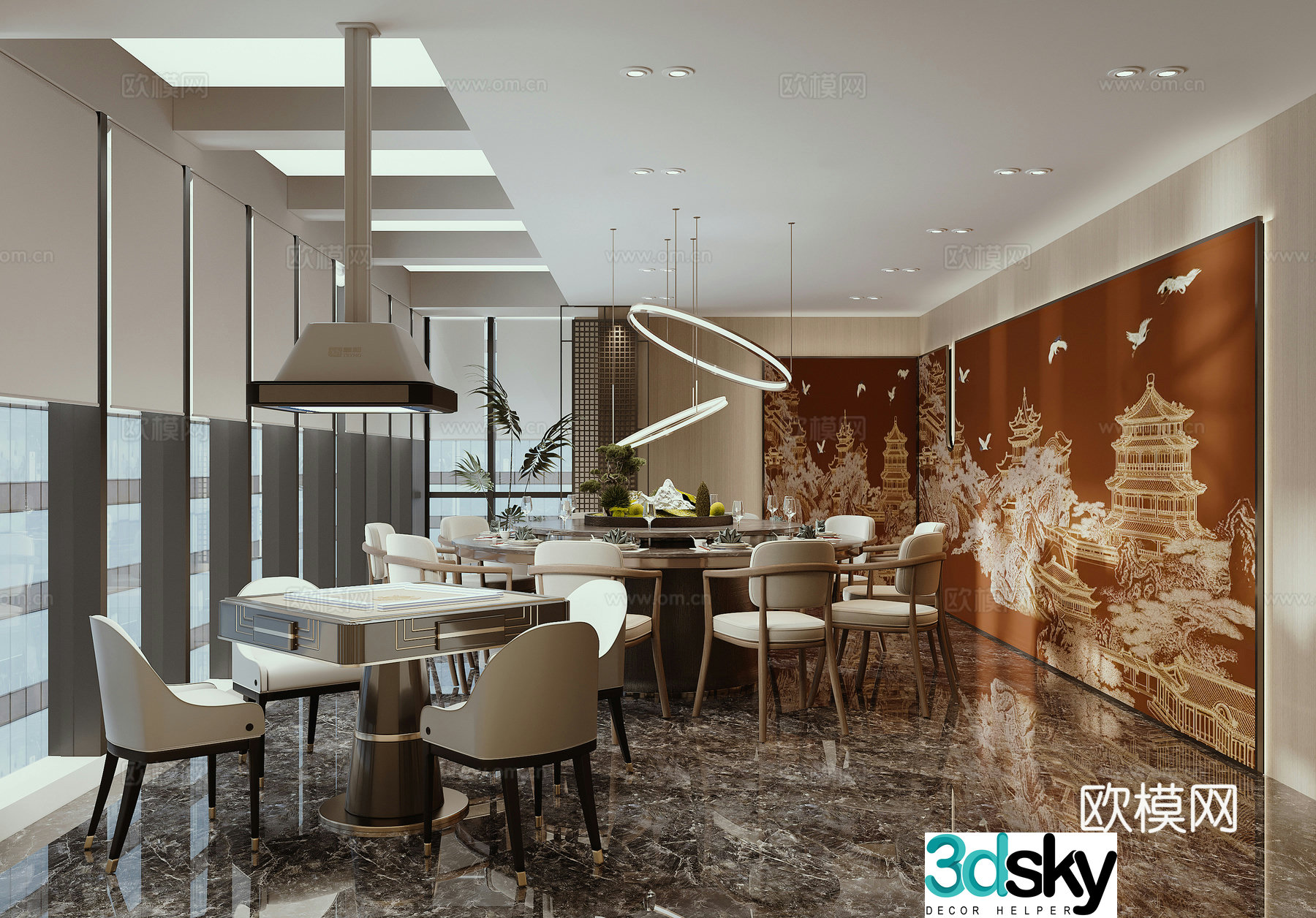 New Chinese restaurant private rooms Private rooms Hotel VIP rooms Mahjong table Mahjong lamp Curtain 3D model