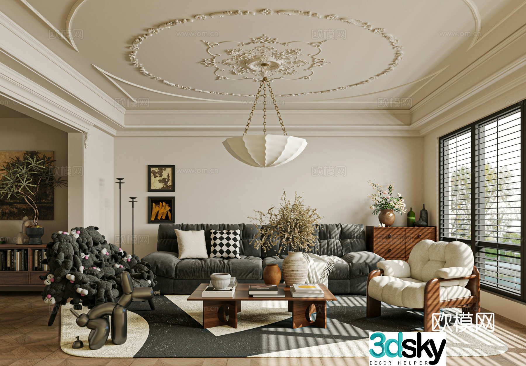 French medieval style living room sofa single chair coffee table 3D model