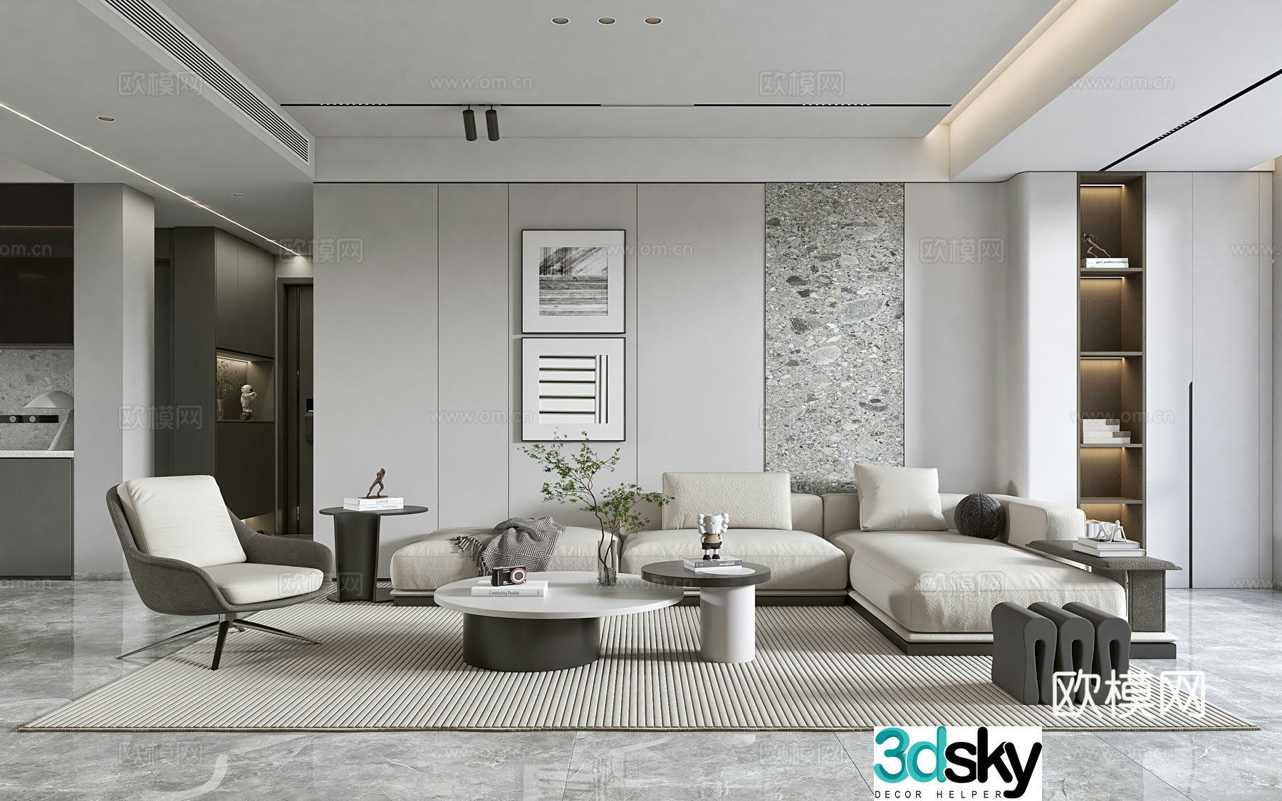 Modern living and dining room modern sofa and coffee table combination modern background wall 3d model