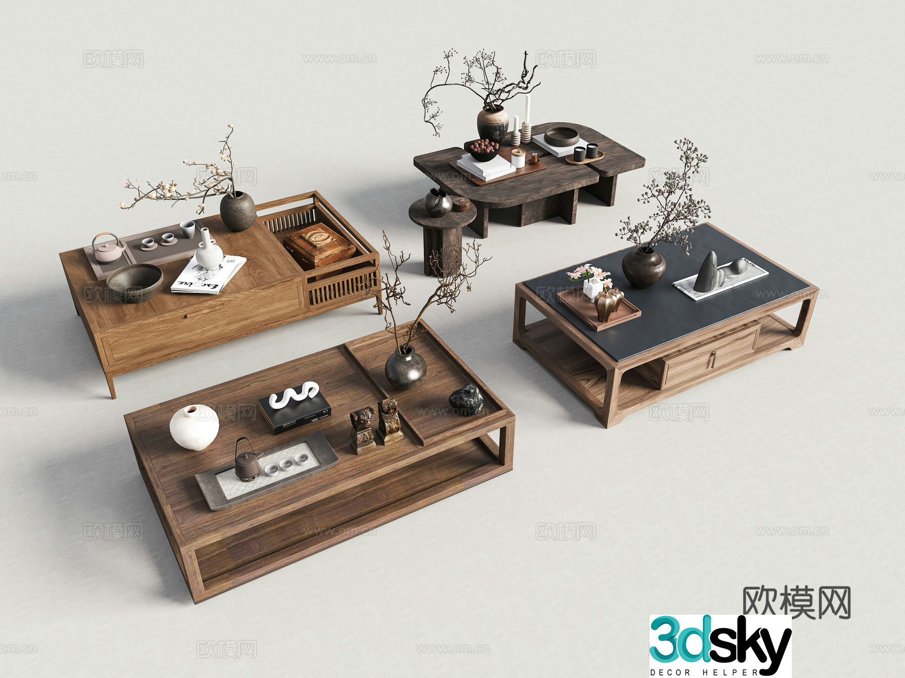 Chinese coffee table combination New Chinese coffee table combination Wavia medieval tea table solid wood coffee table coffee table 3D model