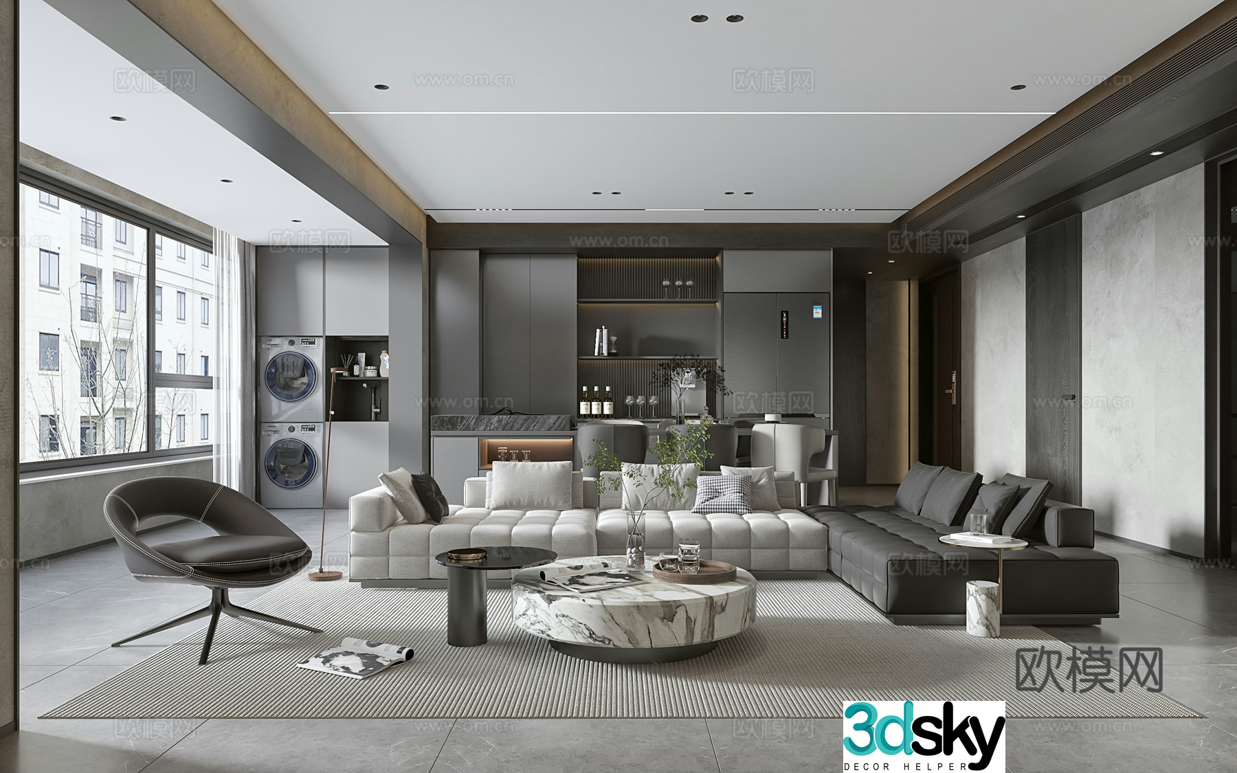Modern living and dining room modern sofa and coffee table combination modern background wall 3d model