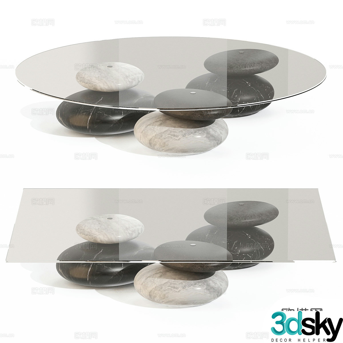 Modern pebbles glass coffee table 3d model