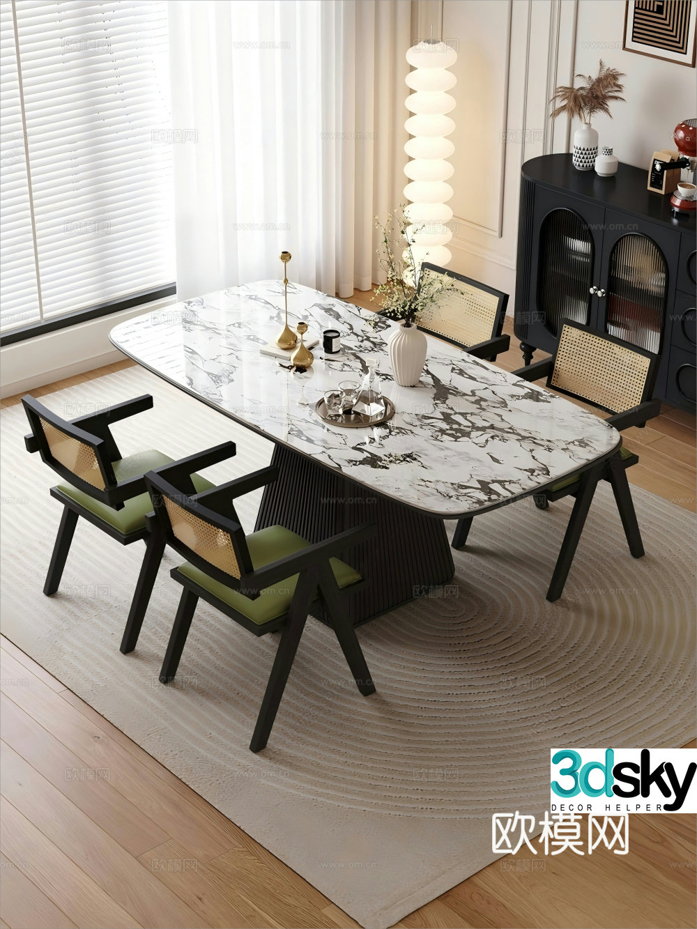 Modern cream style dining table and chair 3d model