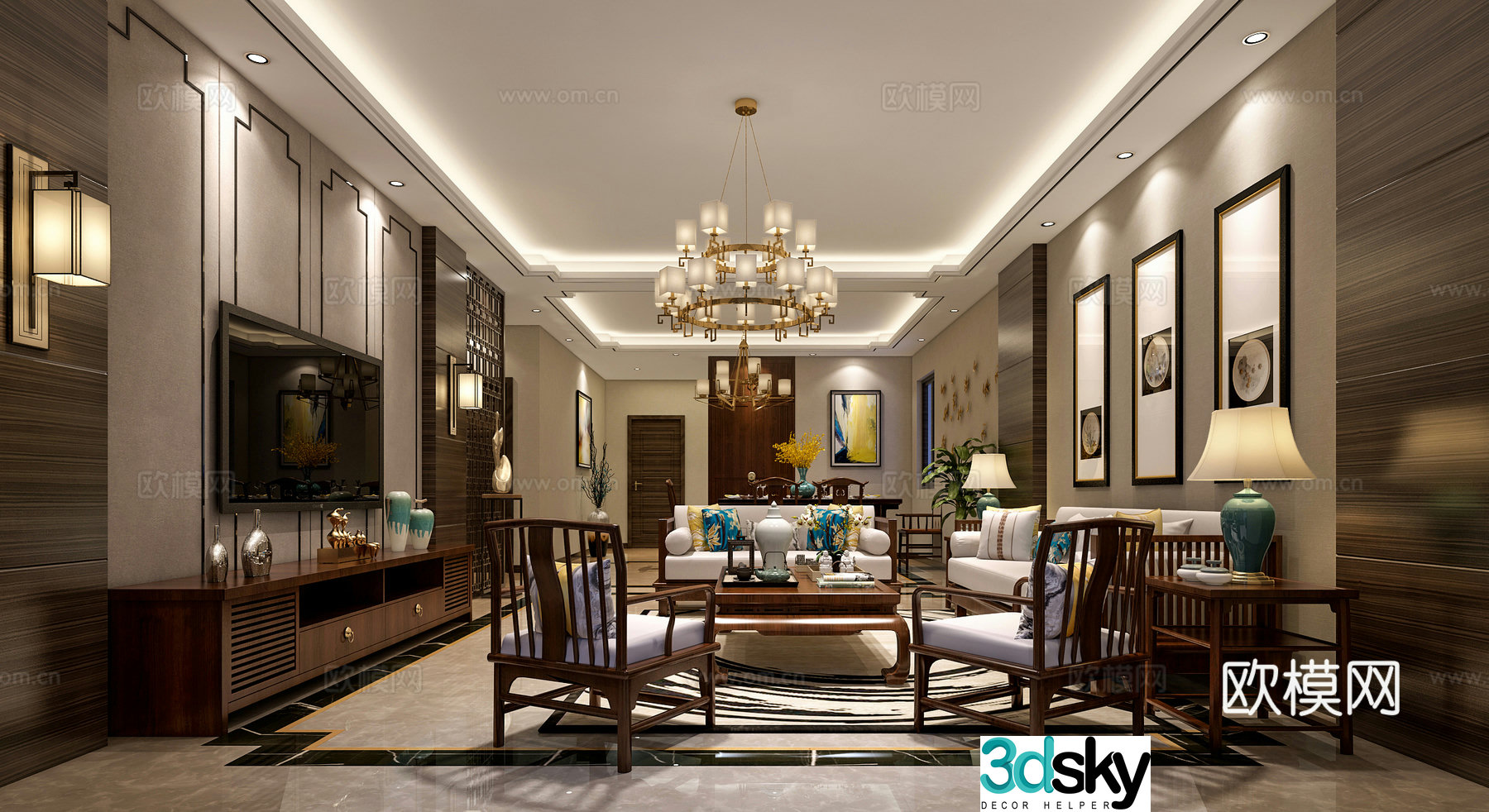New Chinese style living and dining room sofa combination hanging painting chandeliers wall lamp dining table 3D model