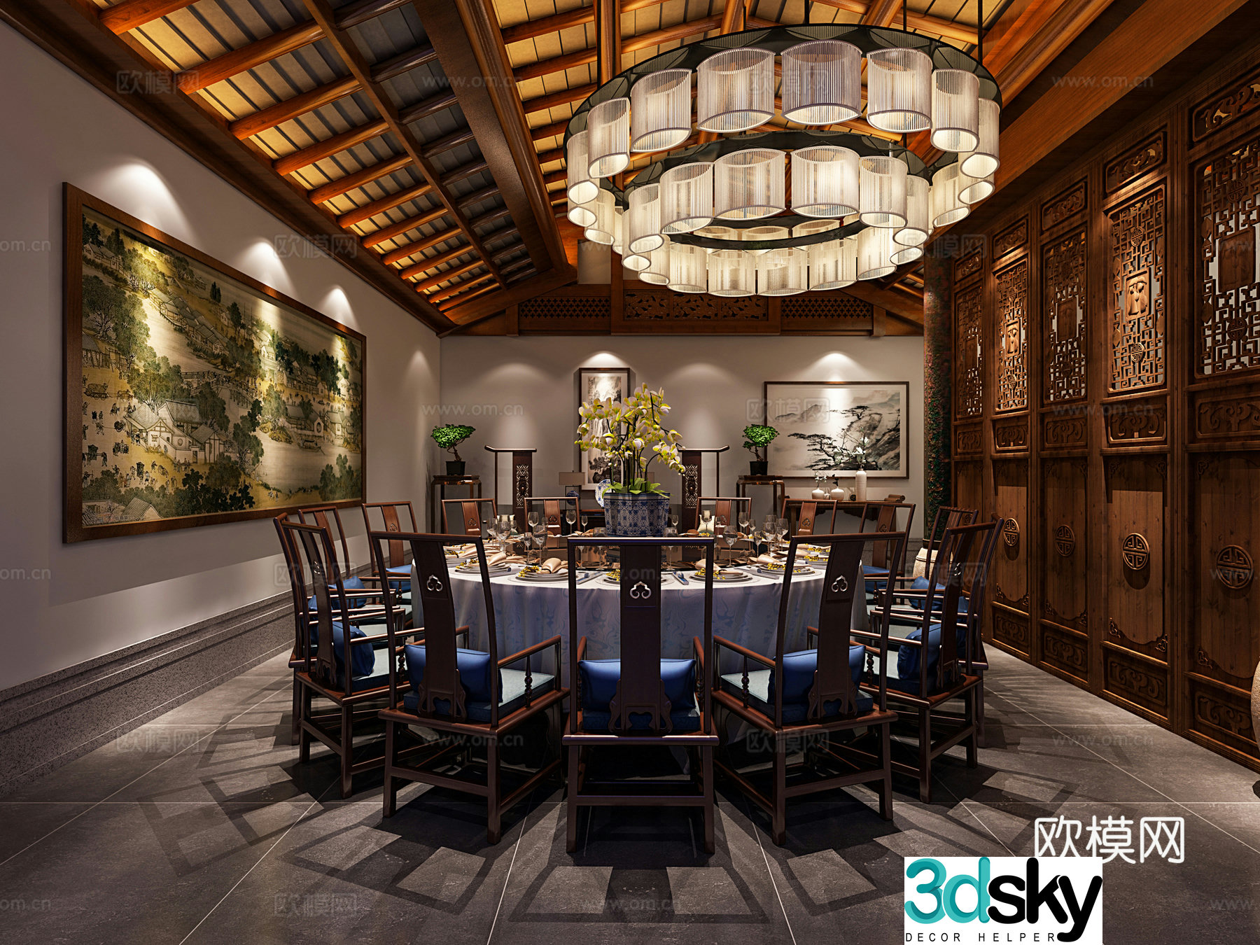New Chinese style restaurant Round table restaurant Round dining table Large chandeliers New Chinese style partition Hanging painting 3D model