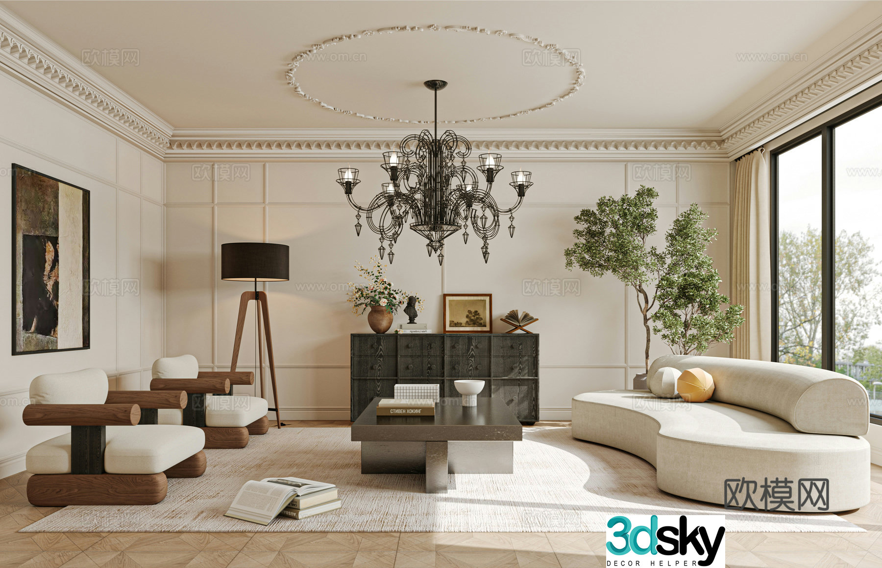 French living room sofa single chair coffee table 3d model