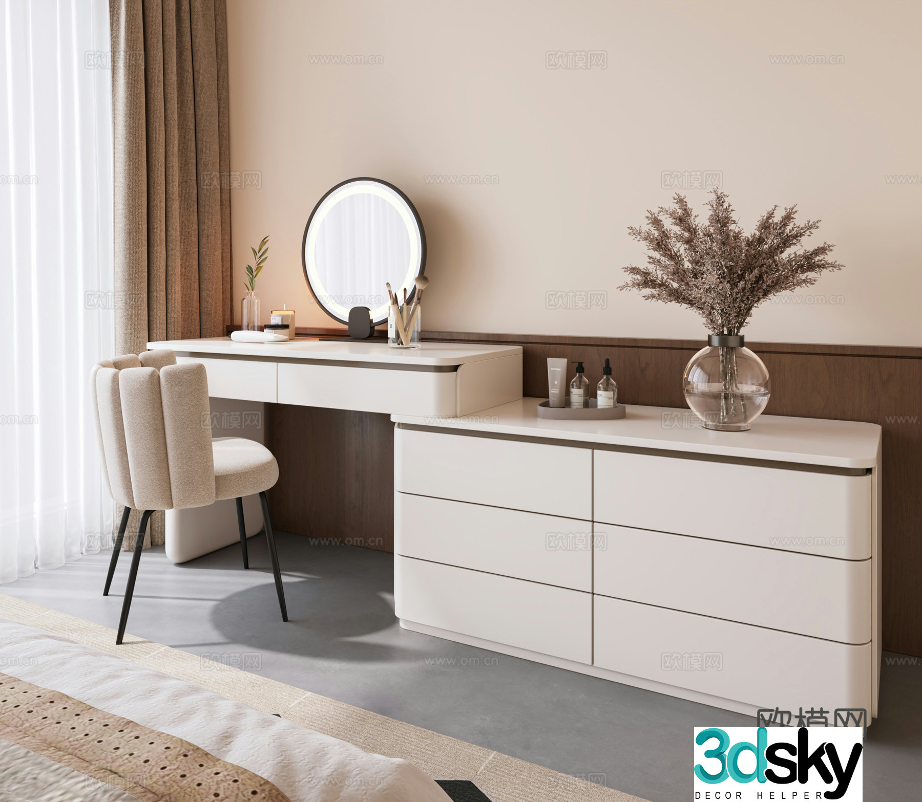 Modern dressing table cream dressing table makeup stool cosmetic combination single chair dressing table mirror 3d model