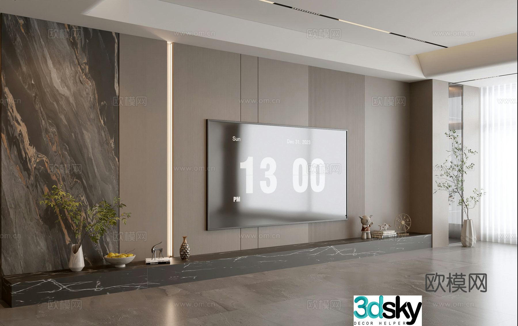 Modern Italian living room light luxury TV background wall full wall TV cabinet marble background wall 3d model