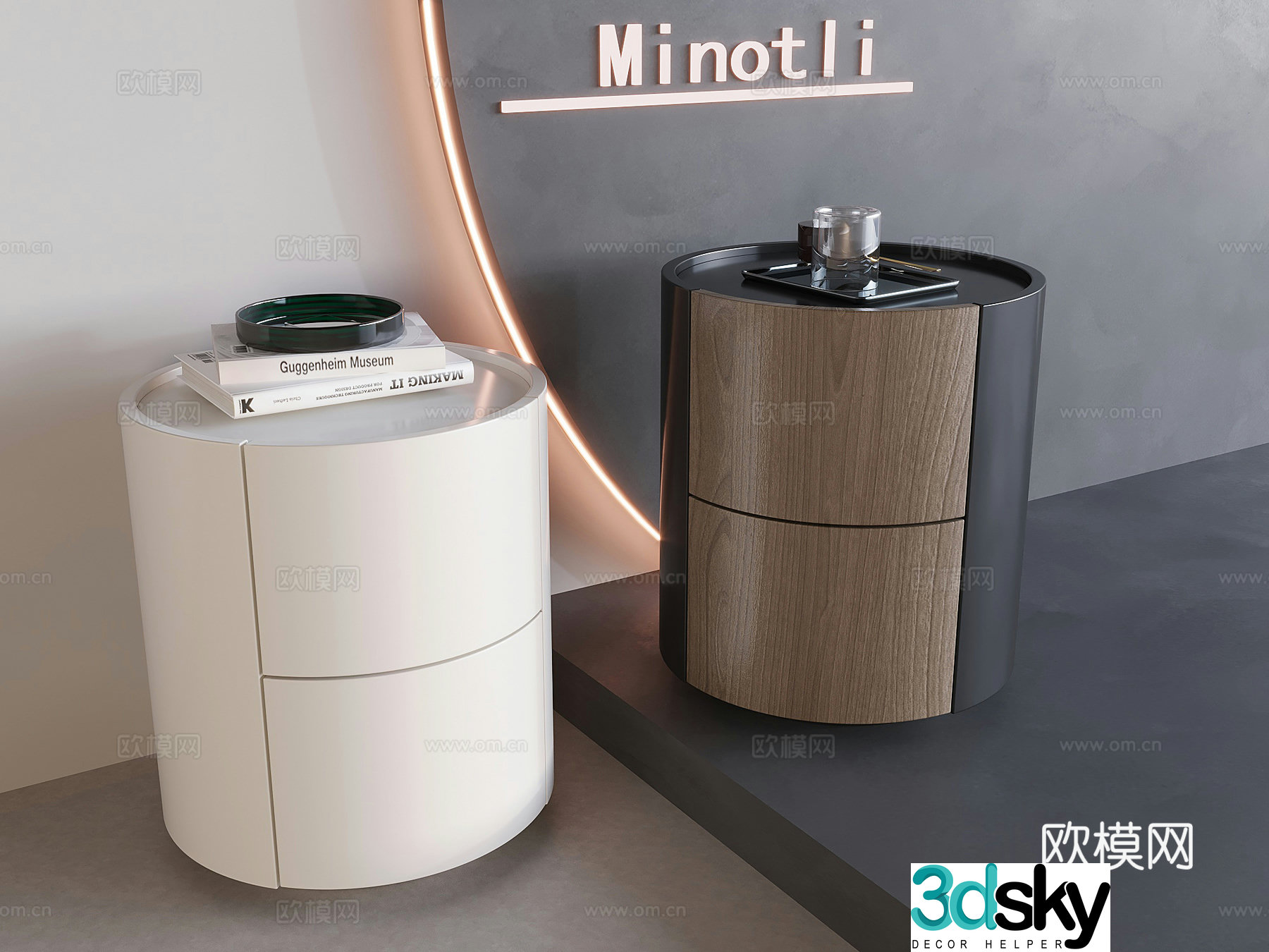 Round solid wood bedside table Italian light luxury bedside table 3D model