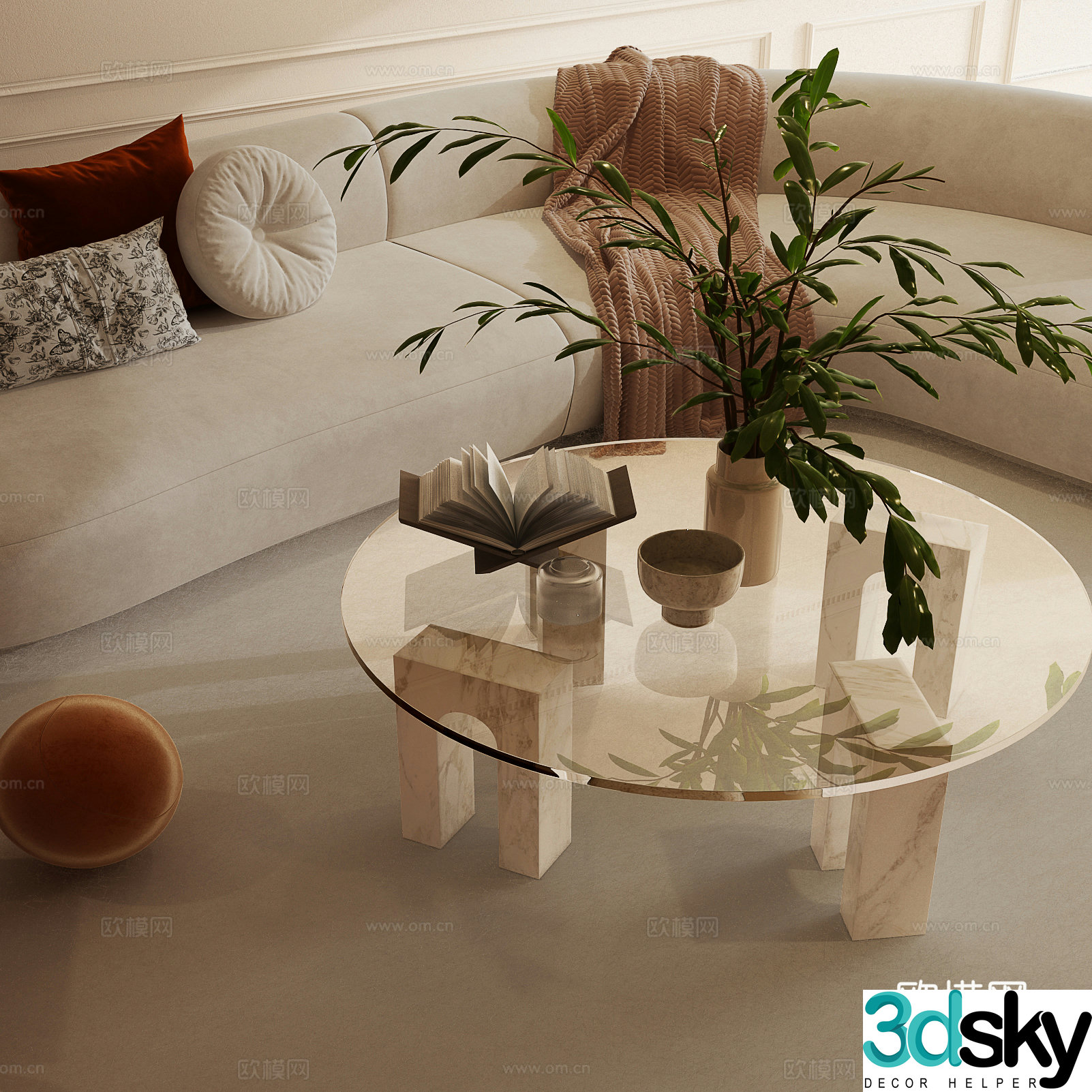 Modern cream style tea table Cream style tea table Sofa table combination Glass round tea table 3D model