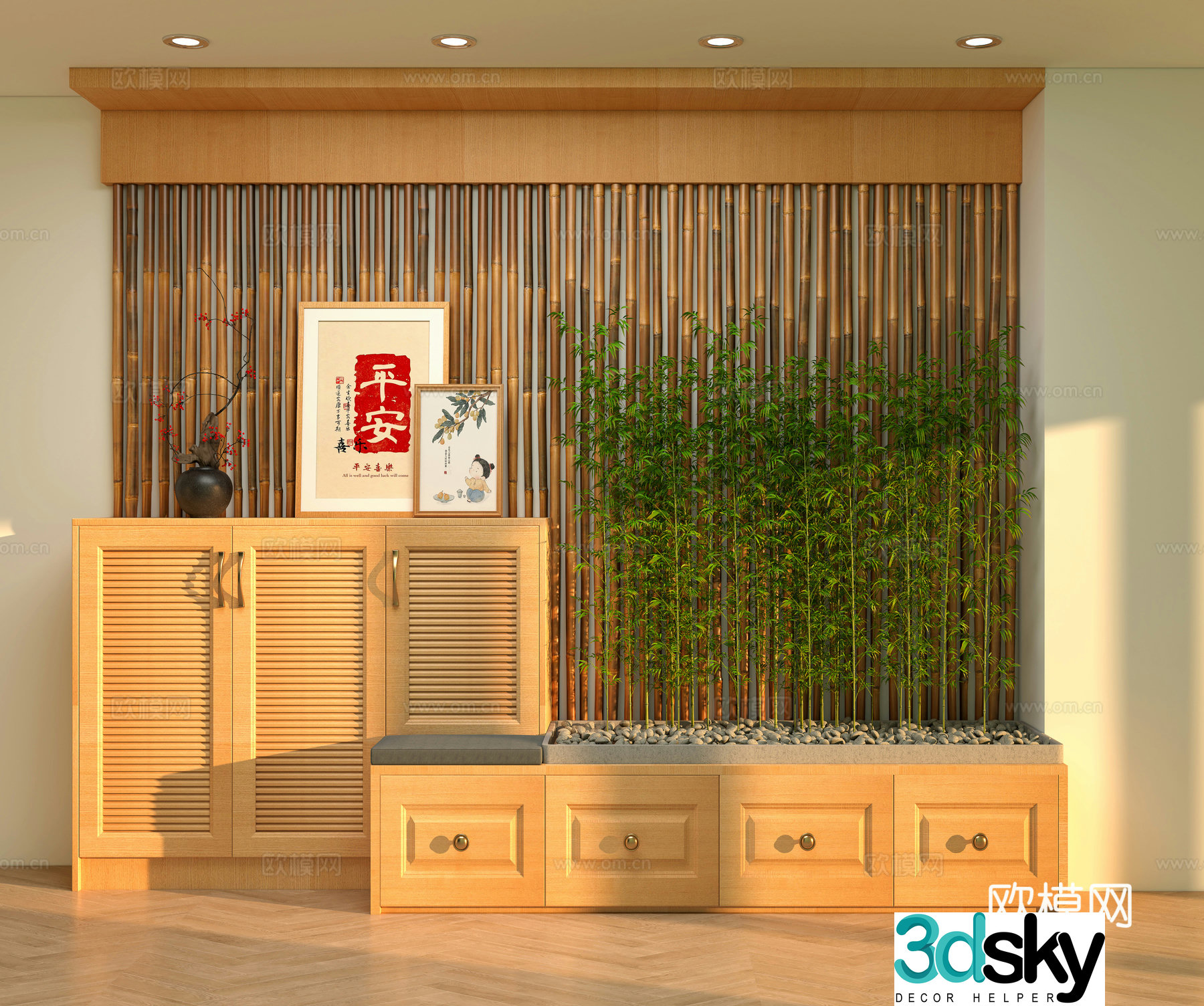 Chinese style log style entrance hall ornament landscaping 3D model