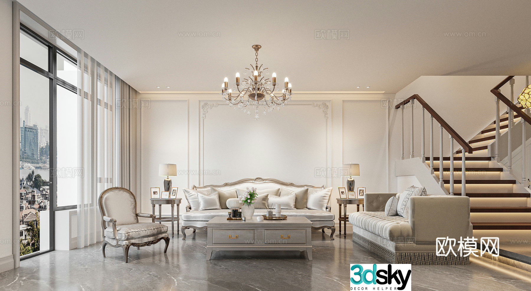 European style living and dining room 3D model