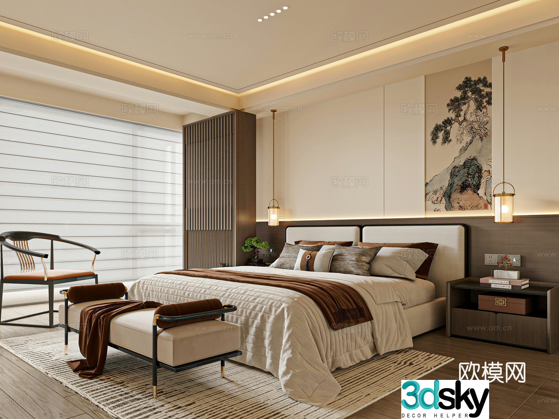 New Chinese style bedroom double bed nightstand 3D model