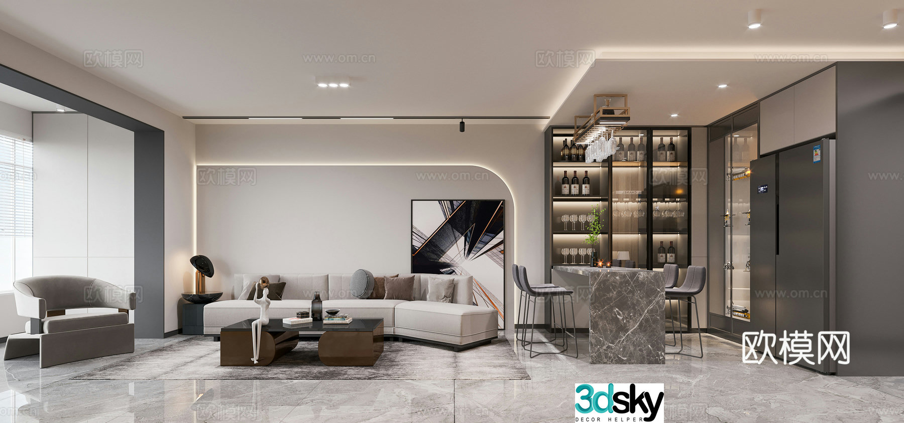 Modern living and dining room 3d model