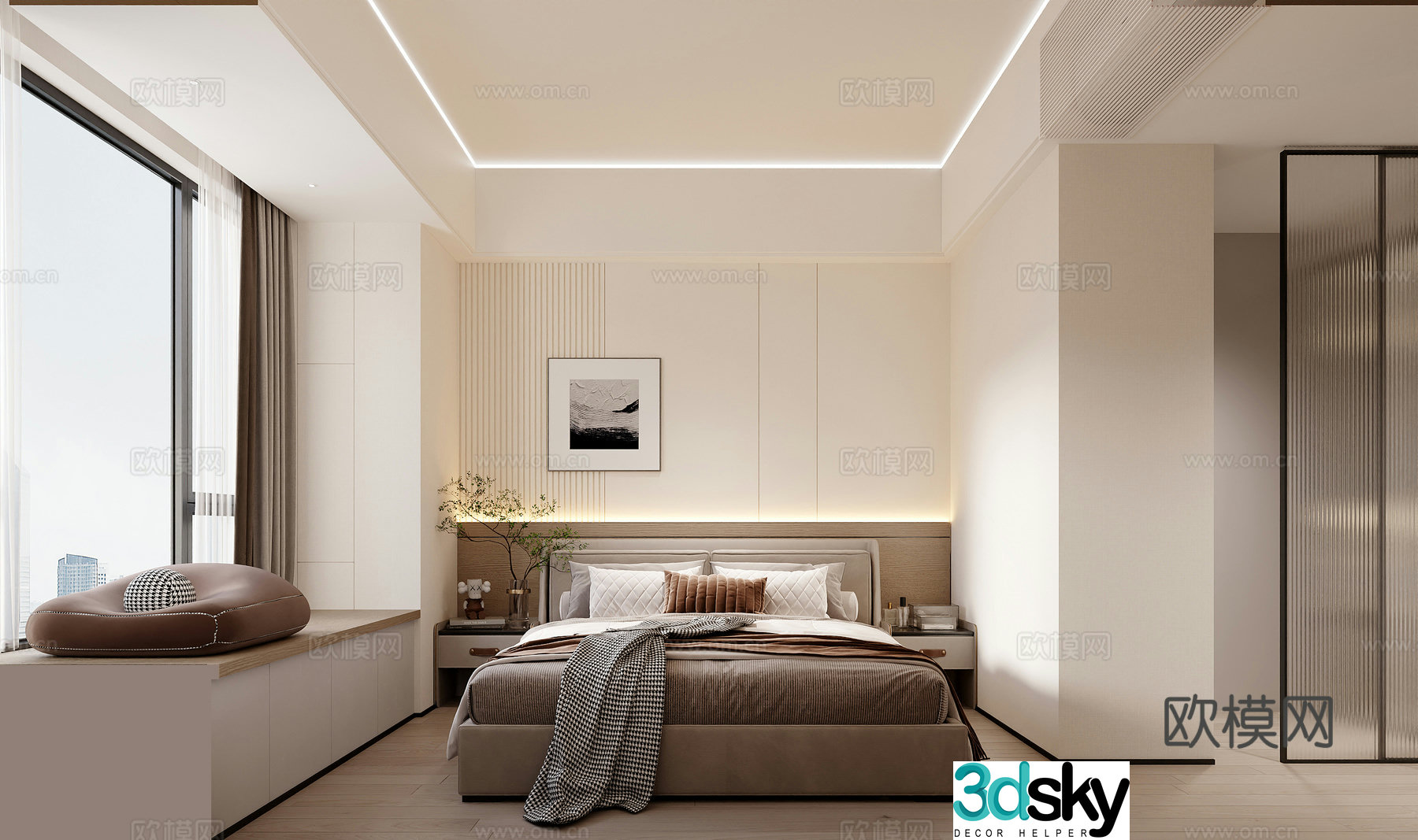 Modern cream style minimalist master bedroom master room wall-mounted air conditioning air outlet 3D model