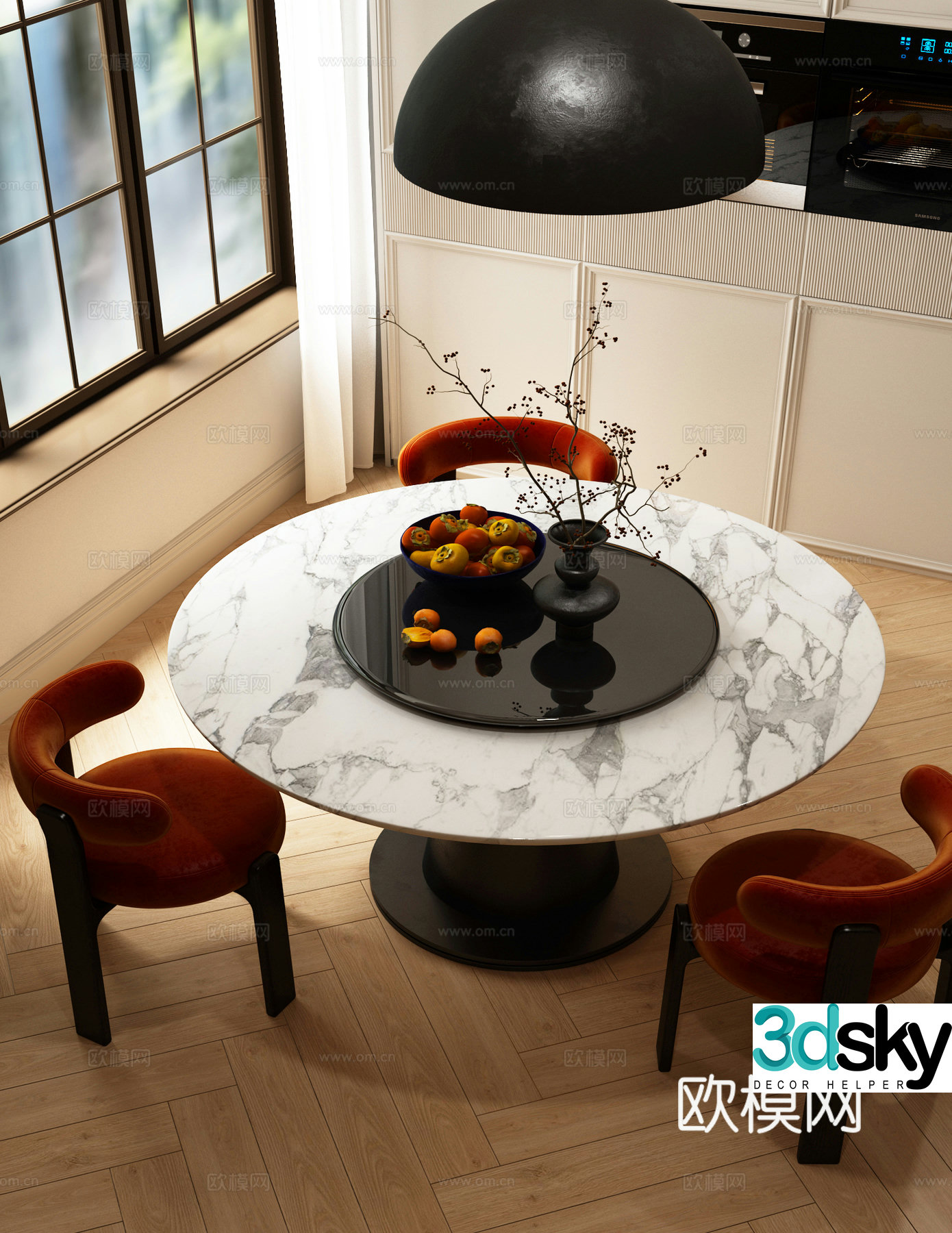 Modern Italian dining table and chairs Modern French dining table and chair combination 3D model