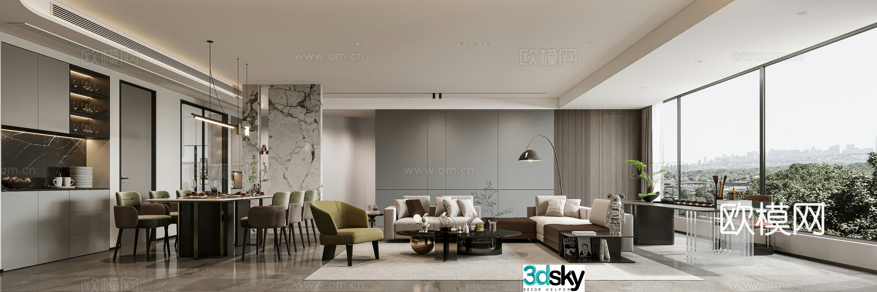 Modern living and dining room 3d model