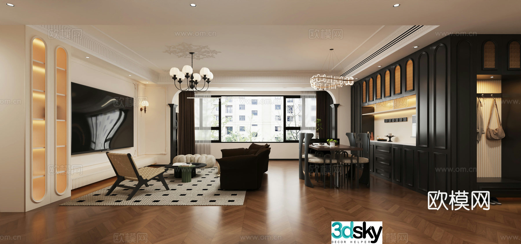 French minimalist living and dining room 3D model