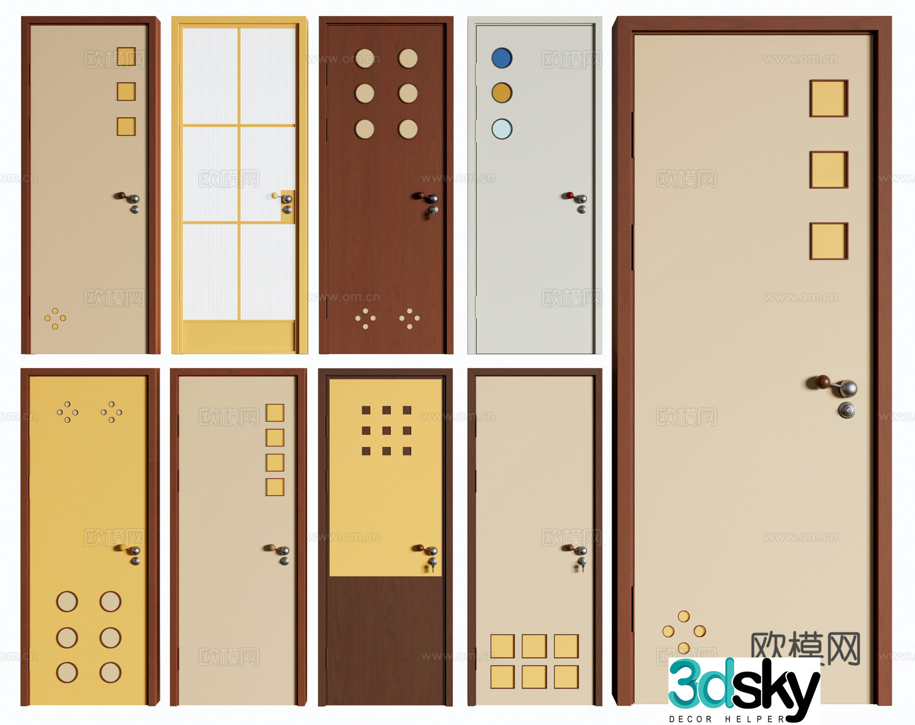 Medium cream single-open door retro door bedroom door glass single-open door Memphis dopamine 3D model
