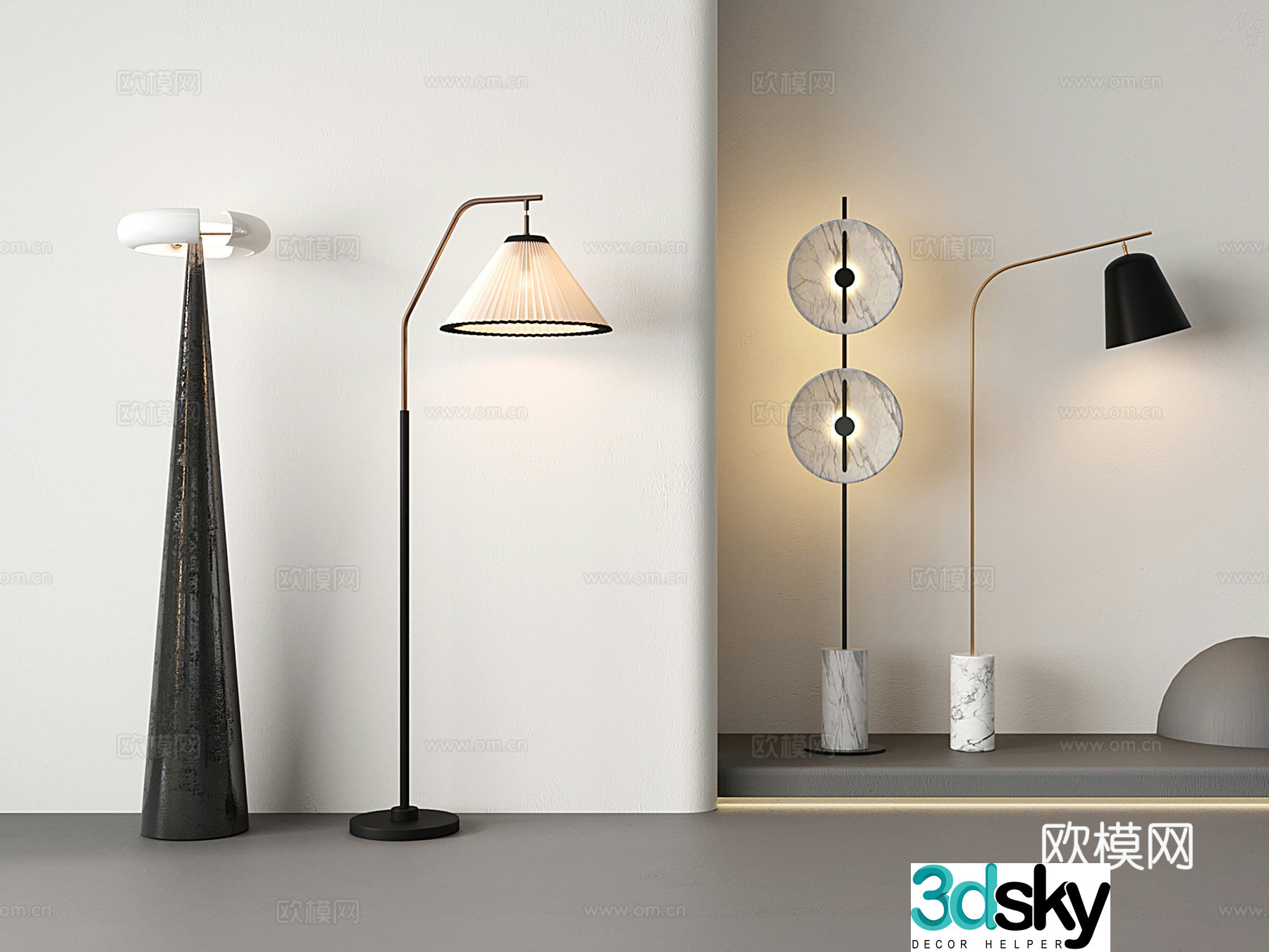 Modern floor lamp pleated fabric vertical aura lamp marble metal conical vertical lamp 3D model