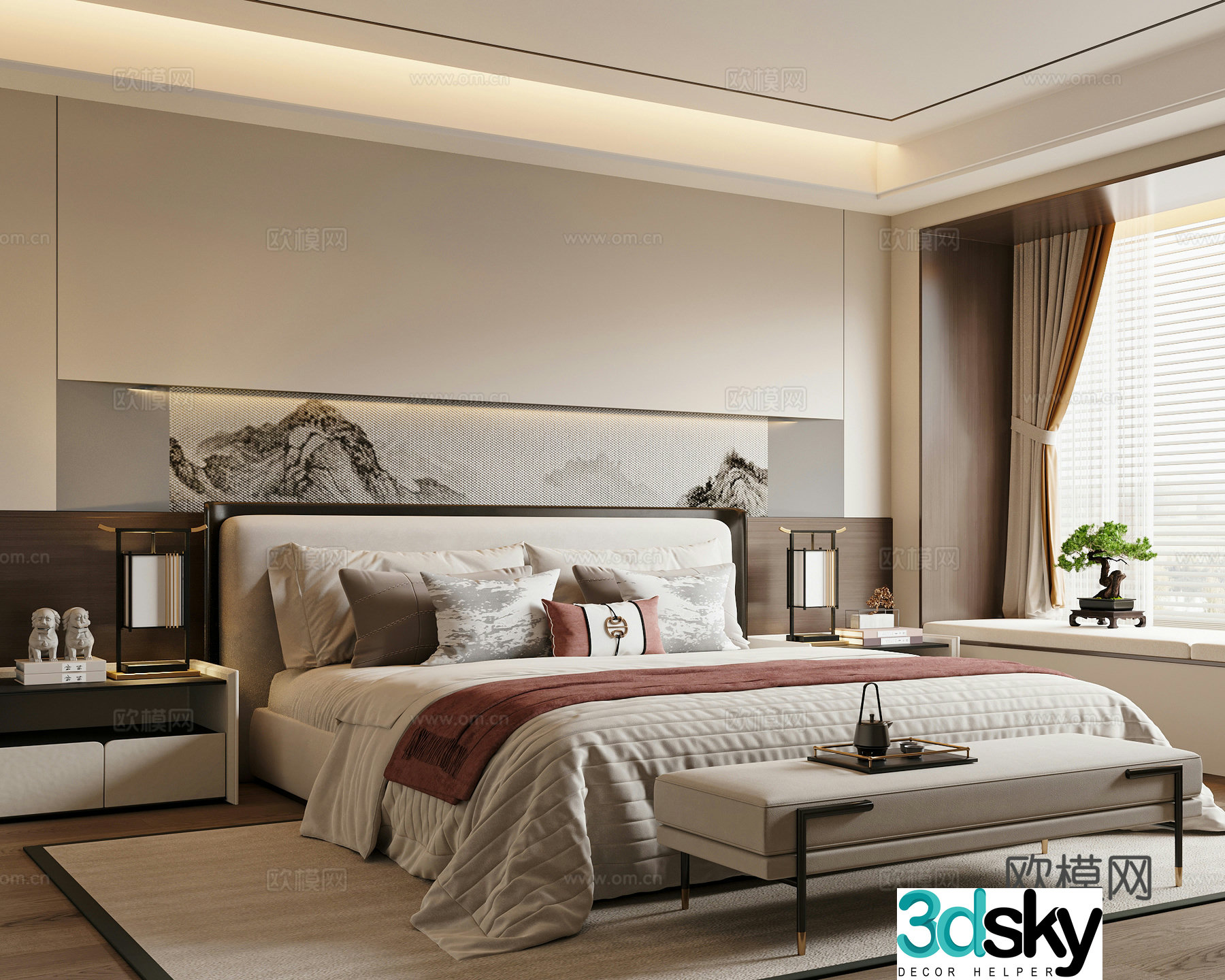 New Chinese style bedroom double bed nightstand 3D model