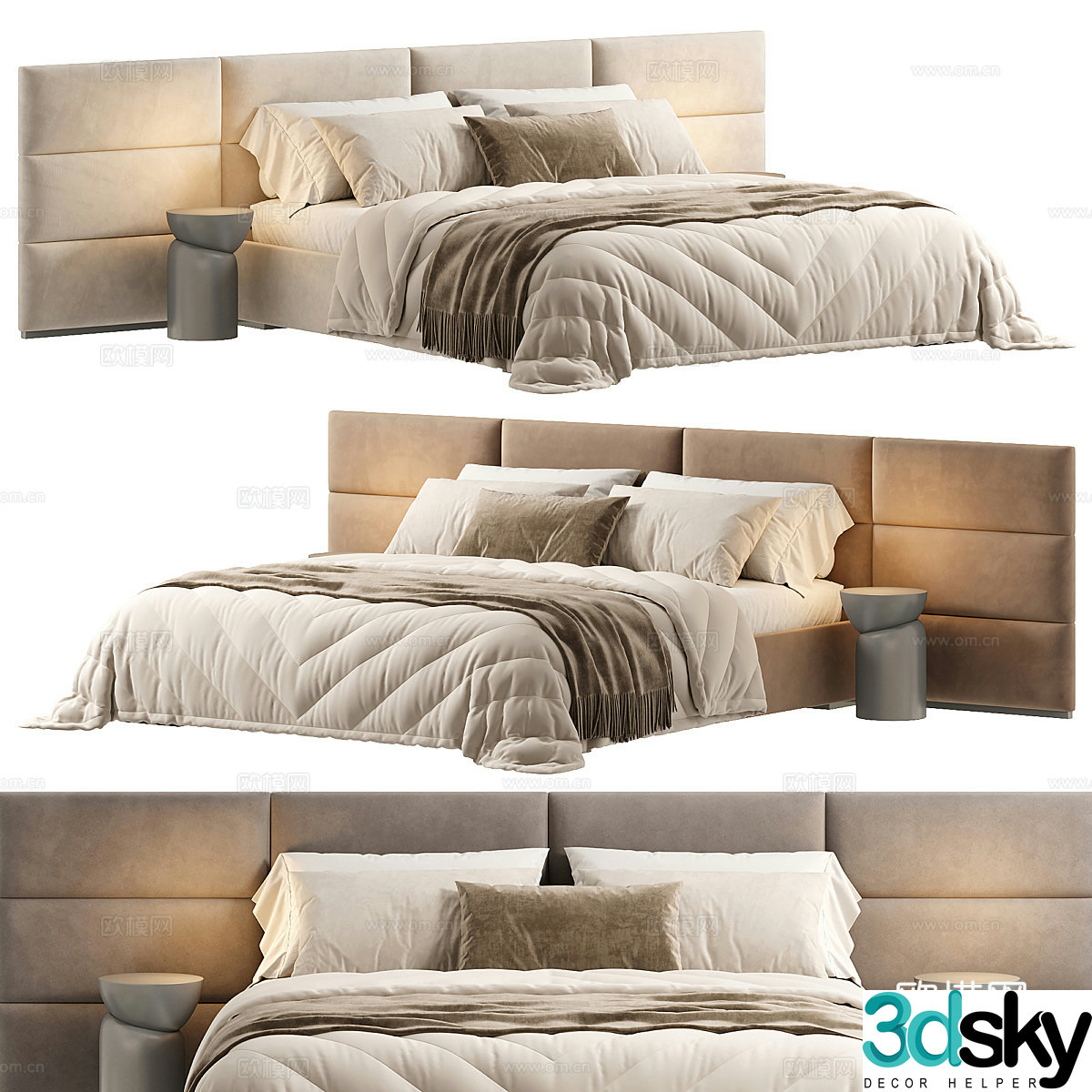Modern Italian light luxury fabric double bed 3D model