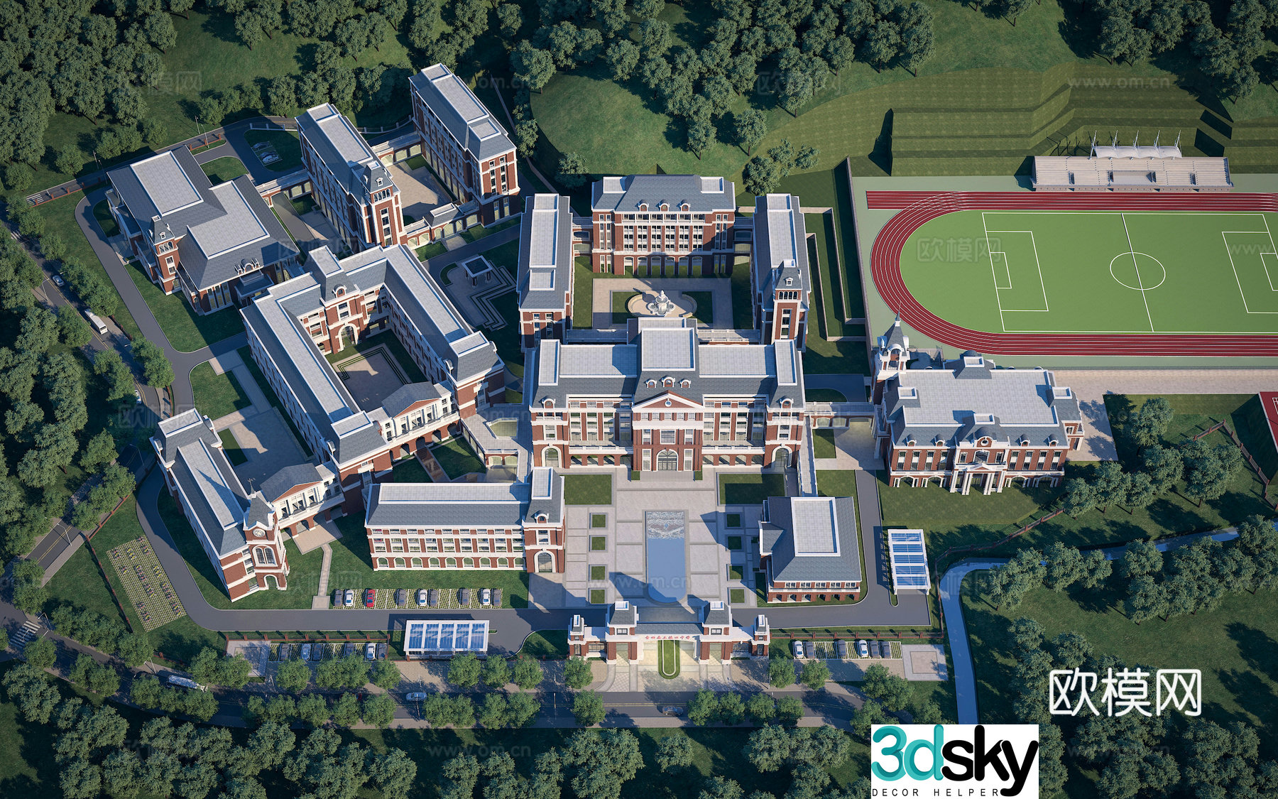A bird’s eye view of modern simple European school middle school 3D model